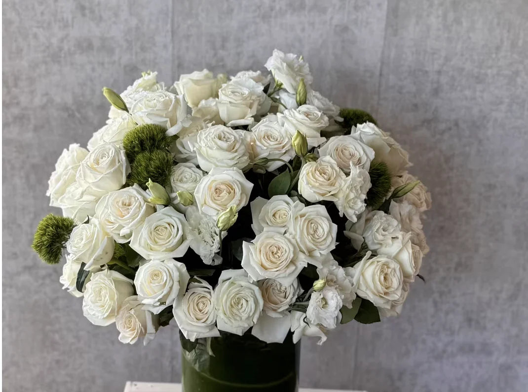 Moonlit Elegance, 75 White Roses Arrangement